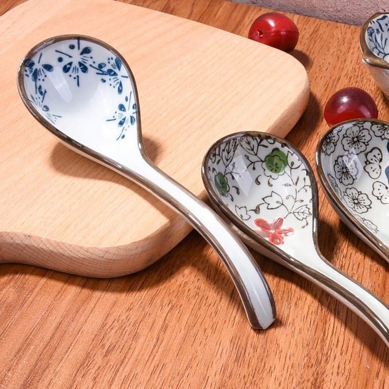 Cerficer Japanese and Korean Large Ceramic Soup Spoon Set of 5 Hand-Painted Long Handle Rice Spoons - Image 3